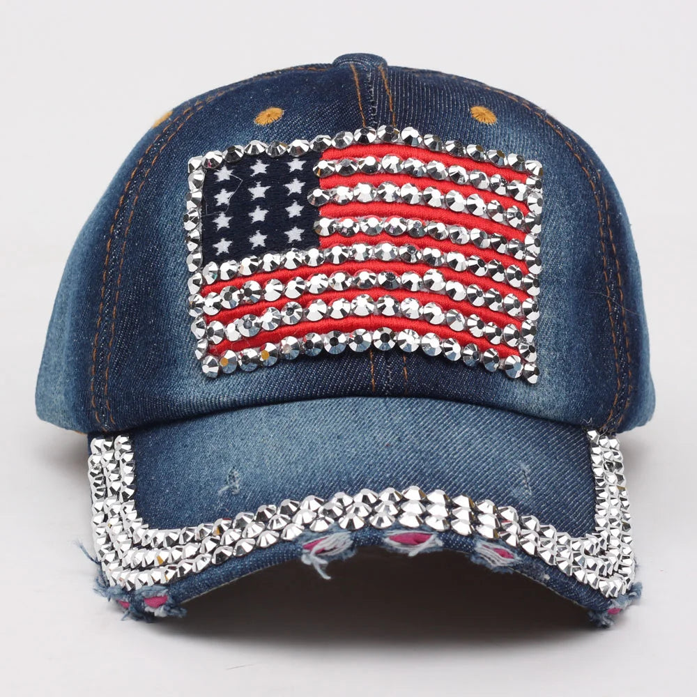 High Quality Baseball Cap Women Men Jean USA Flag Diamond Set Snapback Caps Hats Sun Dad Hat Cowboy Adjustable Casquette Gorras