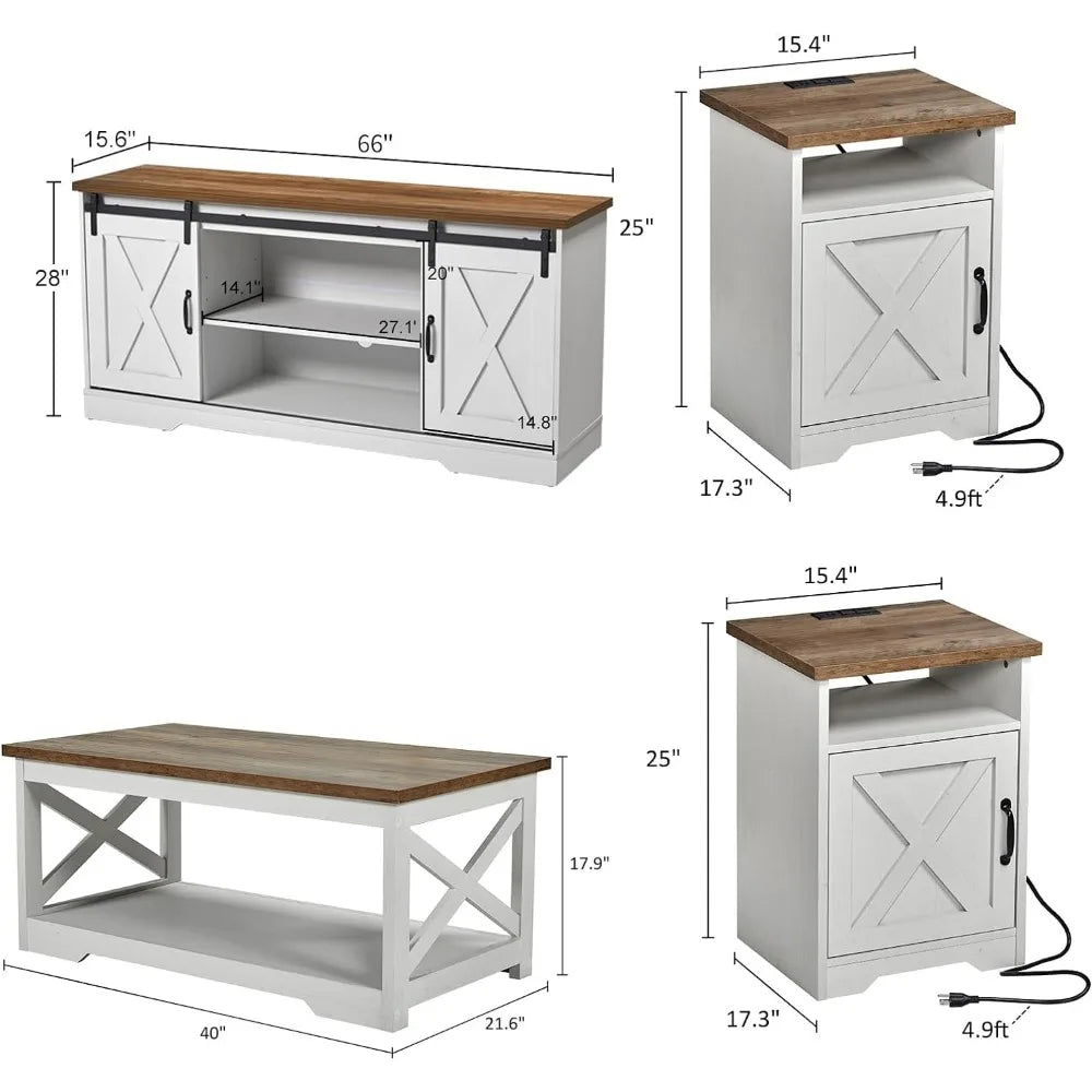 Coffee Table& Two End Tables Living Room Furniture 4-Piece Farmhouse Table Set Includes Sliding Barn Door TV Stand Sets