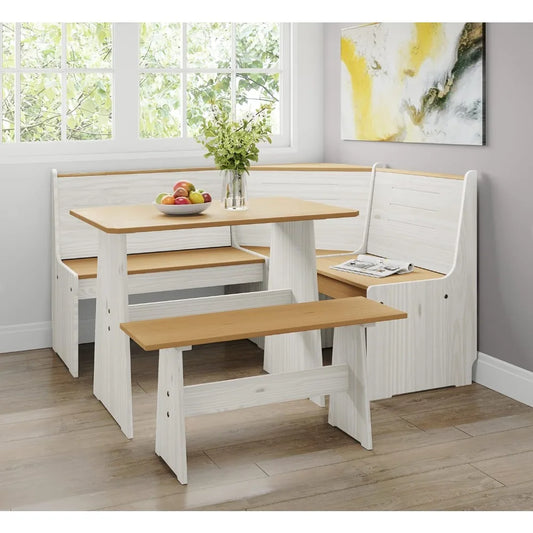 Chapman 2 Tone Natural/White Solid Wood Corner Dining Set, Reversible Breakfast Nook