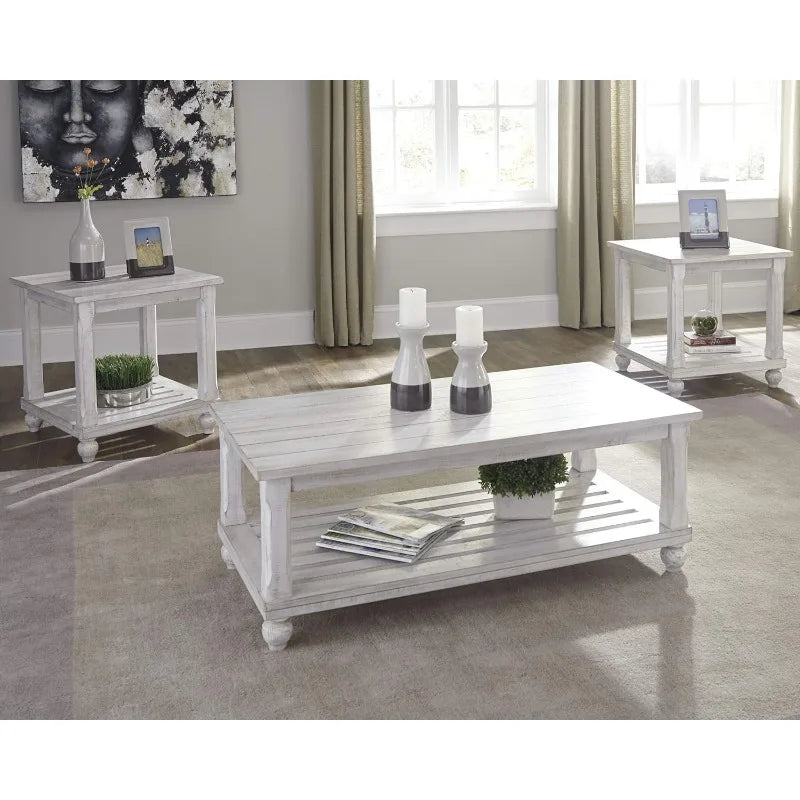 Design by Ashley Cloudhurst Farmhouse 3-Piece Table Set,Includes 1 Coffee Table and 2 End Tables with Lower Storage Shelf, White