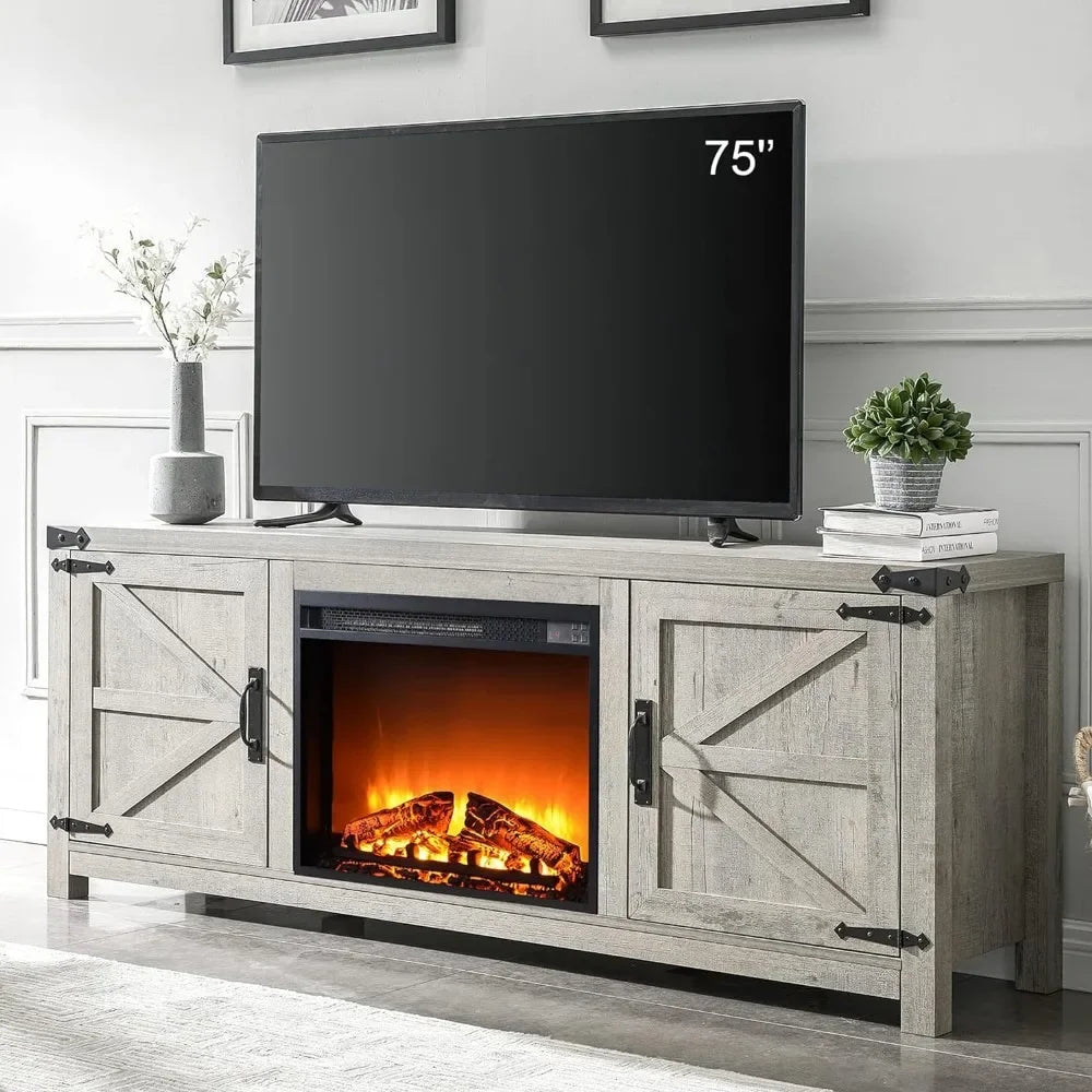 Fireplace TV Stand for 75 Inch TV, Farmhouse Barn Door Media Console, Entertainment Center with 23" Electric Fireplace Remote