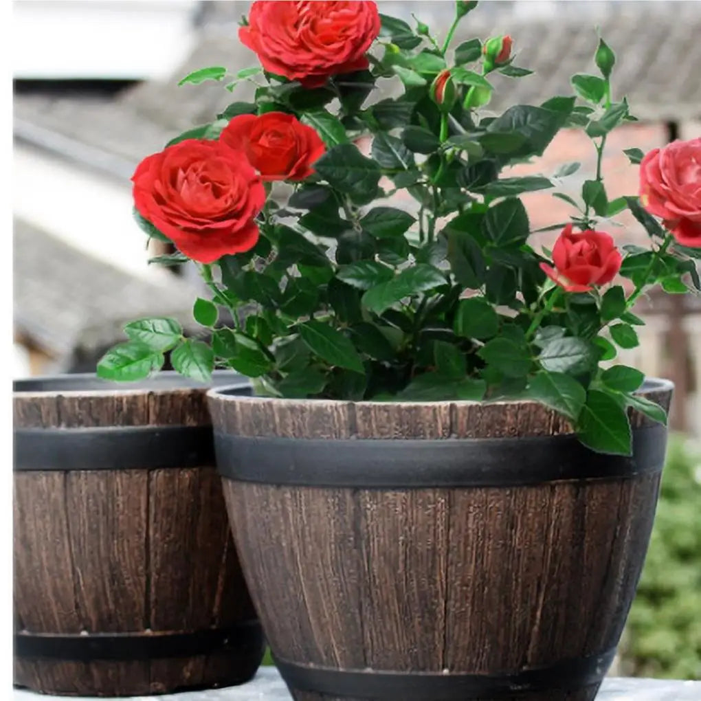 Simulation Wood Barrels 9 Inch Resin Flower Pot Vintage Style Bucket Shape Planter Home Decoration Outdoor Patio Farmhouse