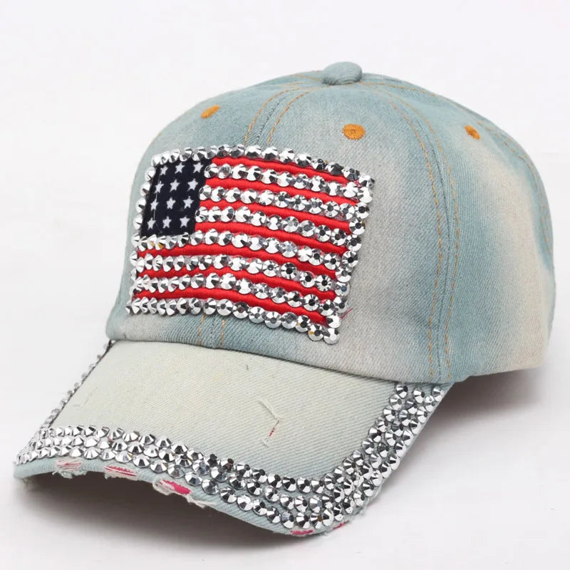 High Quality Baseball Cap Women Men Jean USA Flag Diamond Set Snapback Caps Hats Sun Dad Hat Cowboy Adjustable Casquette Gorras