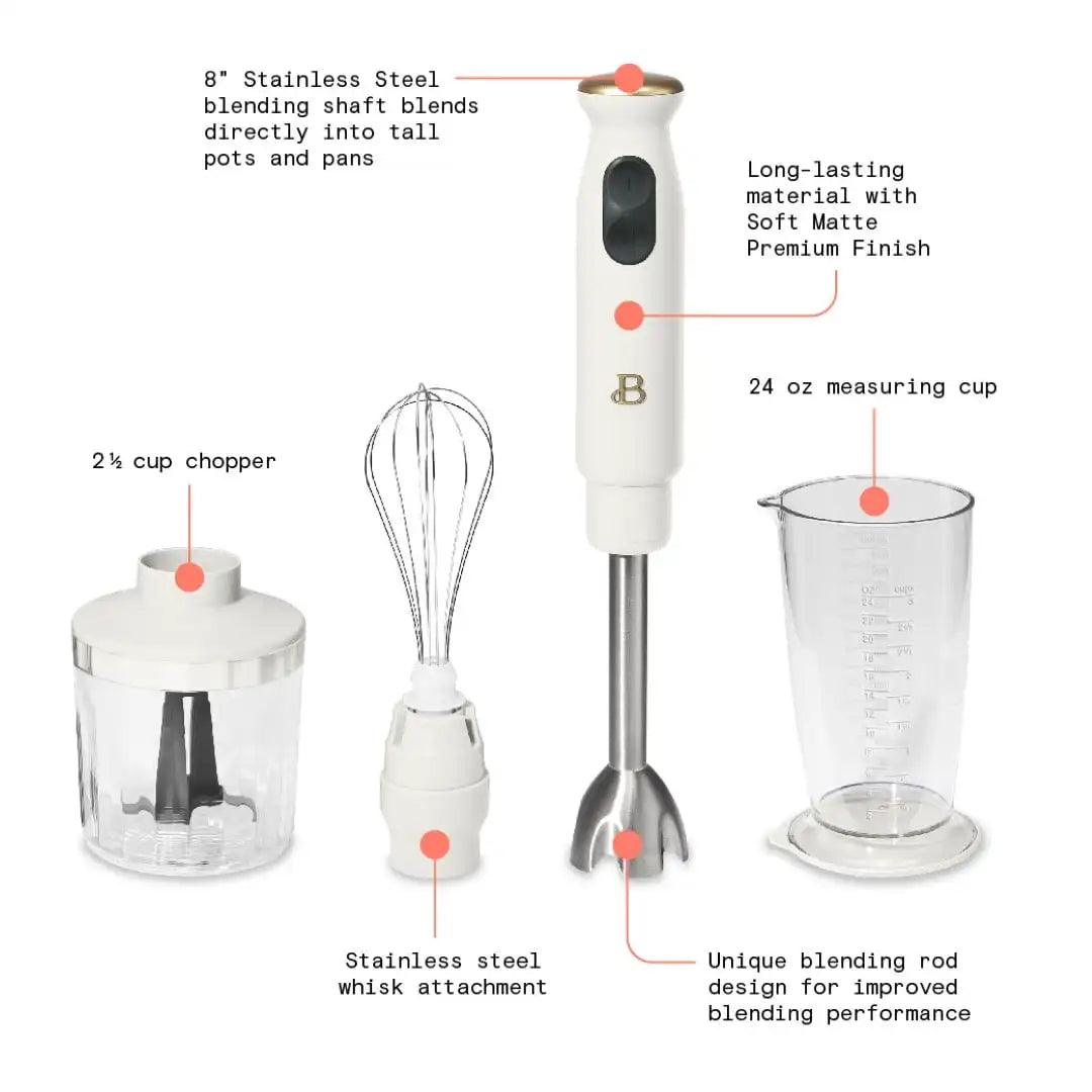 Beautiful 2-Speed Immersion Blender with Chopper & Measuring Cup, White Icing by Drew Barrymore