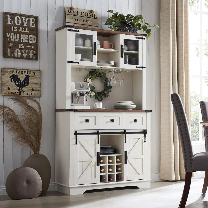 Farmhouse Buffet Cabinet with Storage, 54" Sideboard with 3 Drawers, Sliding Barn Door, Wine and Glass Rack, Storage Shelves