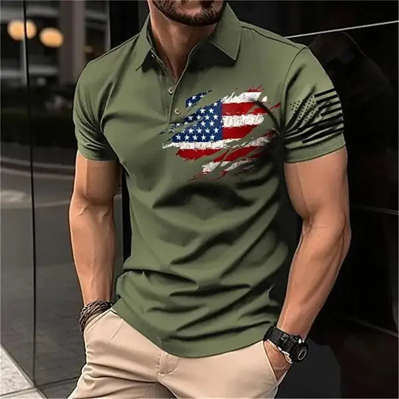 Vintage Men‘S Polo Shirt 3d Flag Of The United States Printed Men Clothing Loose Oversized Shirt Street Casual Short Sleeve Tops