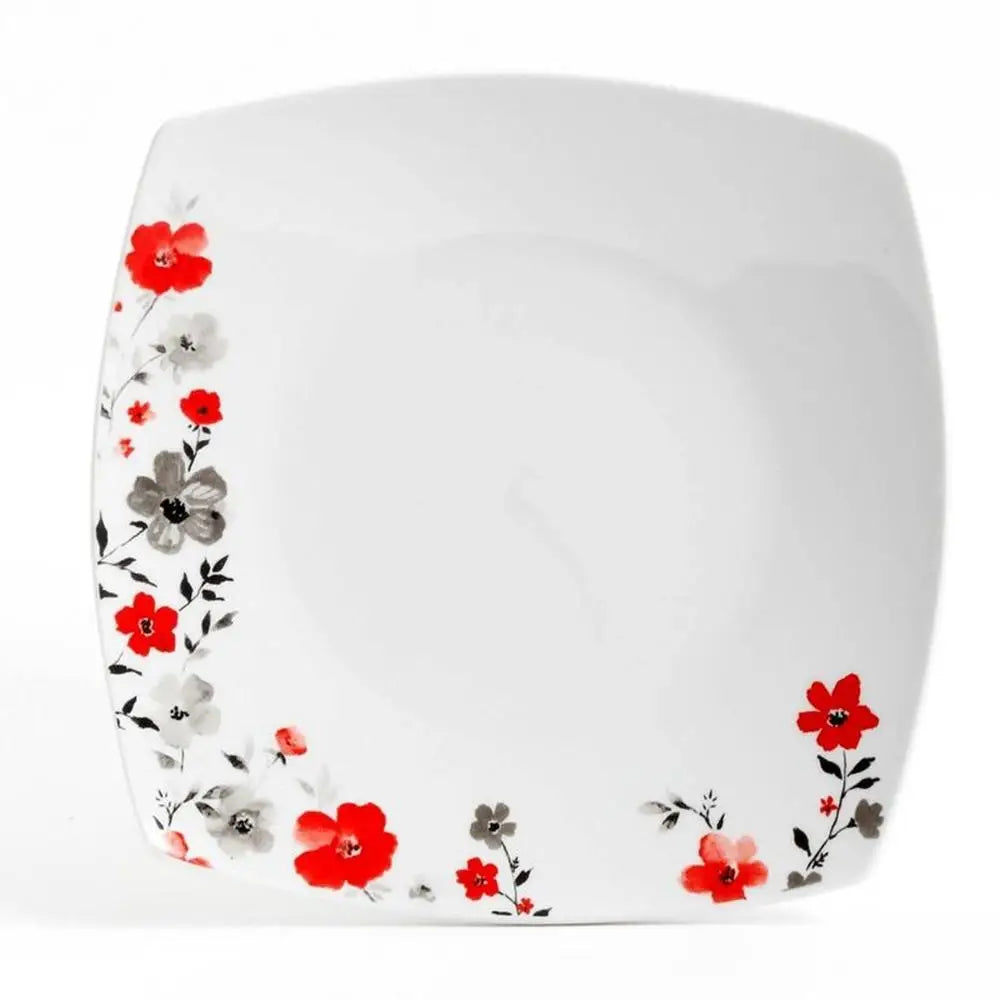 16pc Round Square Floral Fine Ceramic Dinnerware Set White Glossy Finish Microwave Dishwasher Safe incl. 4 Bowls Plates Mugs