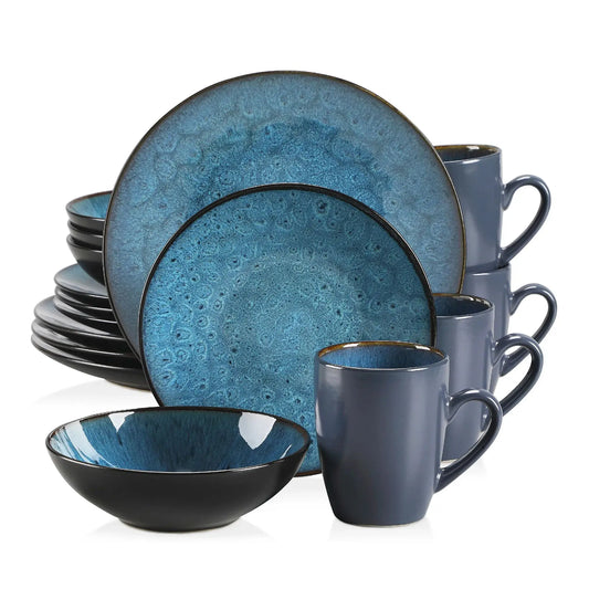 VANCASSO BUBBLE 16/32/48-Piece Tableware Set Vintage Ceramic Blue/Brown Stoneware Set with Dinner&Dessert Plate,Bowl,Coffee Cups