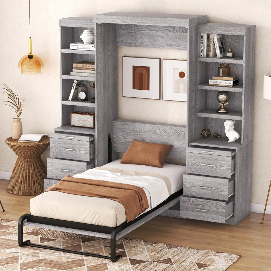 Murphy Bed,Folding Bed with Multiple Storage Shelves & Drawers,Folded into a cabinet,Space-saving