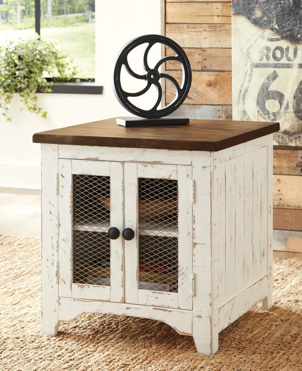 Signature Design by Ashley Wystfield Farmhouse End Table with Storage, Distressed White & Brown Finish