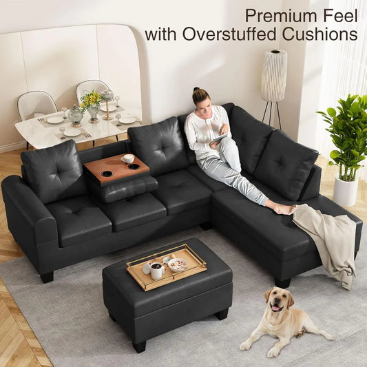 Modern L Shape Sofa with Storage Footstool, Upholstered Sectional Sofa with Lounge, PU Leather Sectional Sofa,