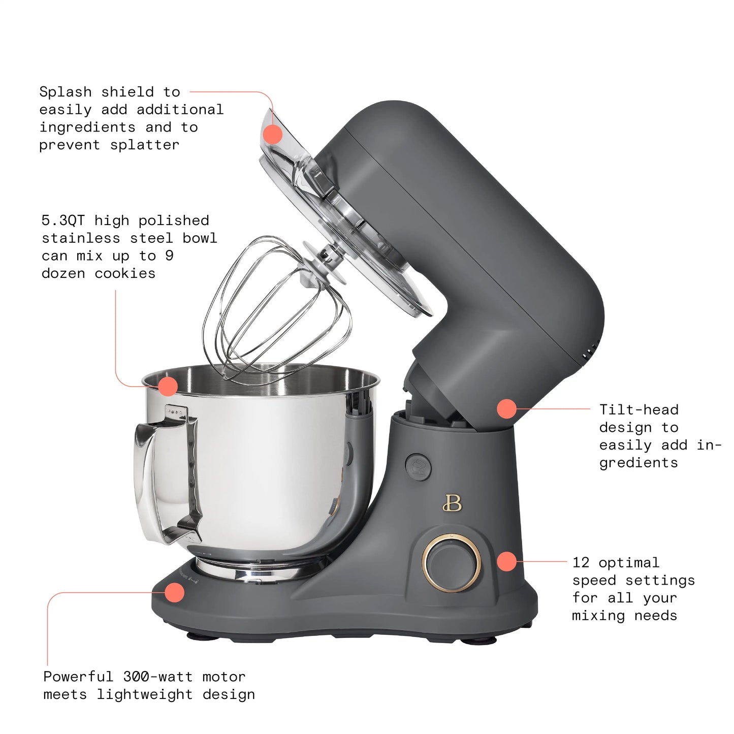 Beautiful 5.3 qt Stand Mixer, Lightweight & Powerful with Tilt-Head, Oyster Grey by Drew Barrymore