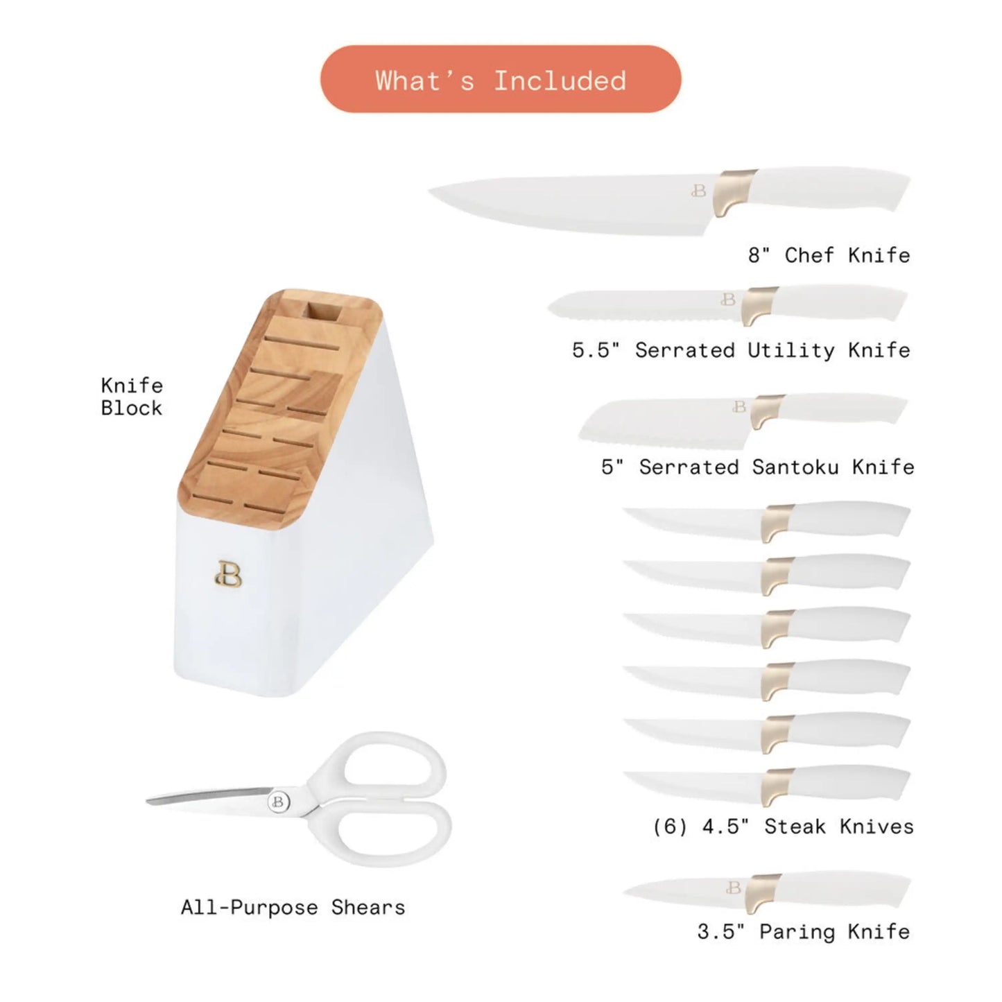 Beautiful 12 Piece Knife Block Set with Soft-Grip Ergonomic Handles White and Gold by Drew Barrymore