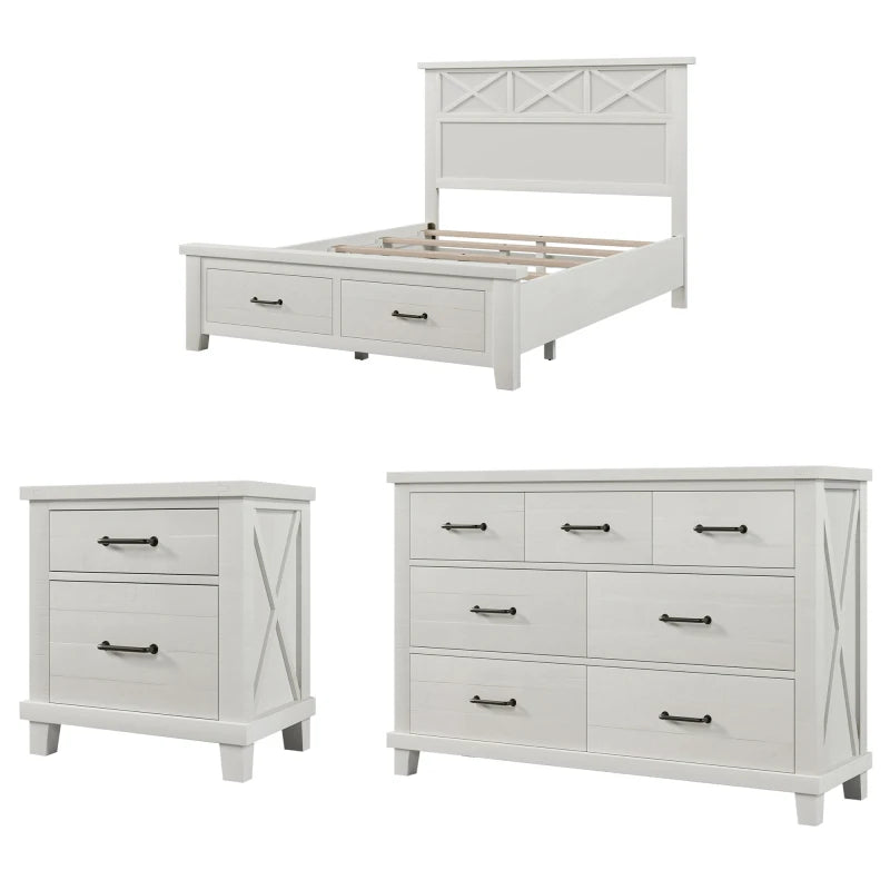 White Rustic Farmhouse Style 3 Pieces Bedroom Sets Queen Bed with 2 Drawers, Nightstand and dresser,for indoor bedroom furniture